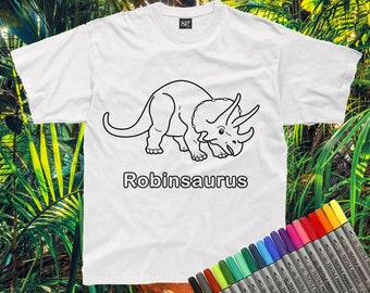 T-shirt personnalisé Colour-In Dinosaur - Triceratops (boutons en tissu en option)