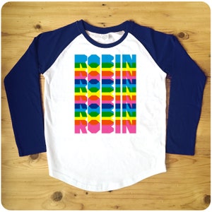 Personalised Name Rainbow Overlay Red or Navy Raglan Baseball Women's T-Shirt