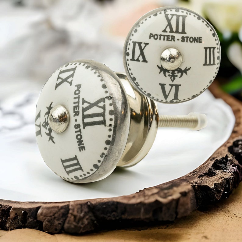 Möbelknopf silber Uhr 112GN handbemalte indische Möbelknöpfe Möbelgriffe Möbelknopf Möbelknauf Keramik Shabby Kommode Bild 1