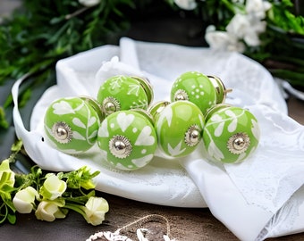 Set of 6 097GN Green Mix Hand Painted Indian Furniture Knobs Furniture Knobs Furniture Knob Ceramic Shabby Dresser Knobs