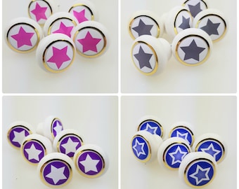 Ensemble de 6 petits boutons de meubles poignées de meubles en plastique Bouton de meubles Bouton de meubles Shabby Stars (2) (Fourni avec vis) gris, bleu, rose, violet