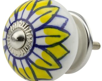 1 Furniture Button SD-3006 Flower Yellow Hand Painted Indian Furniture Buttons Furniture Handles Furniture Button Furniture Knob Ceramic Shabby Chest of Drawer Vintage