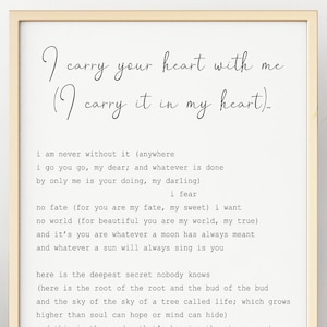 E.E. カミングスの詩のプリント - 「I Carry Your Heart」文学的な壁アート、ロマンチックな詩のギフト、結婚式や記念日の装飾、額入りまたは額なし