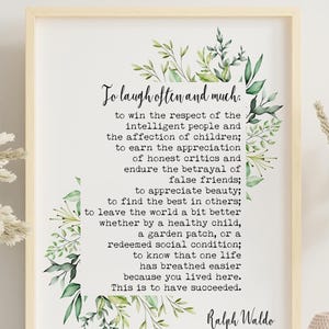 Emerson To Laugh Often and Much Ralph Waldo Emerson Quote - This is to have succeeded -  Print for library - Framed And Unframed Options
