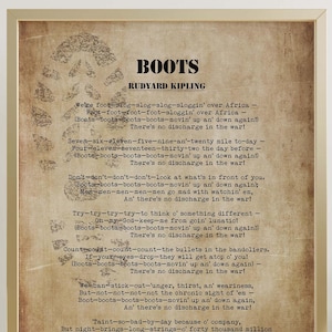 Rudyard Kipling Boots Poem Print – Vintage Military Wall Art – Soldier’s Life Poetry – Literary War Wall Art – Framed or Unframed