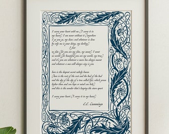 I carry your heart (I carry it in my heart) E.E. Cummings Poem - Anniversary Gift, Poem About Love - Framed And Unframed Options