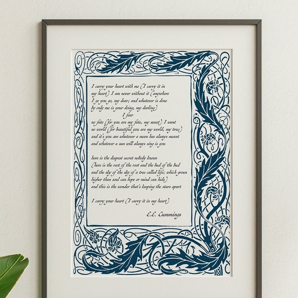 I carry your heart (I carry it in my heart) E.E. Cummings Poem - Anniversary Gift, Poem About Love - Framed And Unframed Options