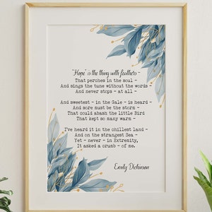 Emily Dickinson Hope is the thing with feathers... Full Poem Wall decor Emily Dickinson poem Framed & Unframed Options
