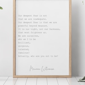 Our Deepest Fear Marianne Williamson Feminist Art Wall Art self respect quote for Bedroom decor or office decor Framed & Unframed Options