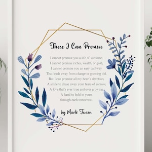 Stampa poesia di Mark Twain – Questi posso promettere arte murale – Regalo letterario romantico – Citazione ghirlanda acquerello blu – Con cornice o senza cornice