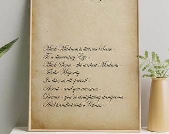 Emily Dickinson Print Much Madness is divinest Sense - Poetry Wall art - Framed & Unframed Options