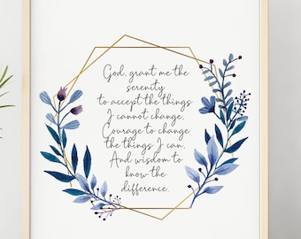 Serenity Prayer Print: Watercolor Floral Wreath, AA Sobriety Gift