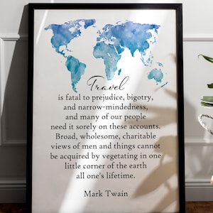 Mark Twain Travel Quote Print: Watercolor World Map, Adventure Wall Art
