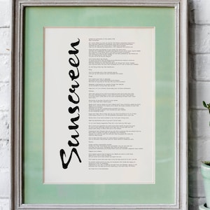 Sunscreen Song  Lyrics Poster Print - Framed & Unframed Options