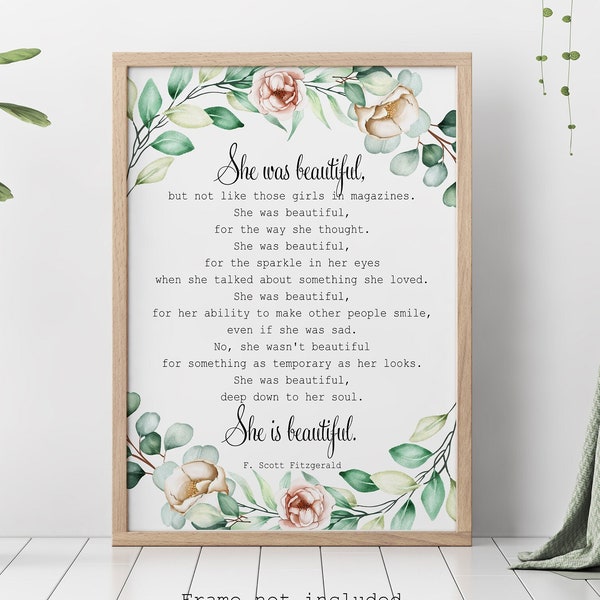 She Was Beautiful F Scott Fitzgerald Quote With Watercolor Wreath - Valentines Day Gift For Her - Framed and Unframed Options