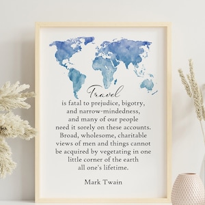 Impression de citations de voyage Mark Twain « Le voyage est fatal aux préjugés... » - Décoration murale imprimée aventure pour les amoureux des livres - Cadeau Wanderlust pour les amateurs de voyage