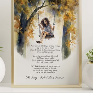 Stampa della poesia The Swing – Robert Louis Stevenson Art – Il giardino dei versi di un bambino – Arte murale stravagante, opzioni con e senza cornice