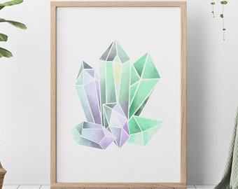 Crystal Wall Art Print Green crystal painting poster Bedroom decor - watercolor poster UNFRAMED