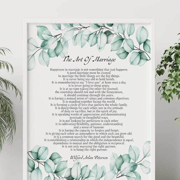 The Art Of Marriage Poem With Eucalyptus Illustration Wedding poem wall art - Ceremony reading - Vow Renewal - Framed & Unframed Options