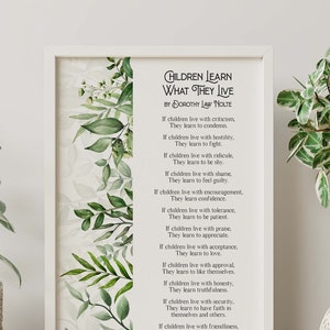Póster de pared con poema "Los niños aprenden lo que viven", de Dorothy Law Nolte. Regalo para nuevos padres. Opciones con y sin marco.