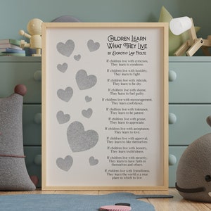 Póster de pared con poema Los niños aprenden lo que viven de Dorothy Law Nolte: regalo para nuevos padres, opciones enmarcadas y sin marco