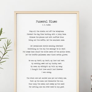 Funeral Blues o Ferma tutti gli orologi W. H. Auden, Cartello funebre, Regali di condoglianze, Celebrazione della vita, Poesia commemorativa,