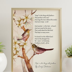 Hope is the Thing with Feathers Print – Emily Dickinson Poem – Watercolor Bird & Blossom Art – Inspirational Literary Decor