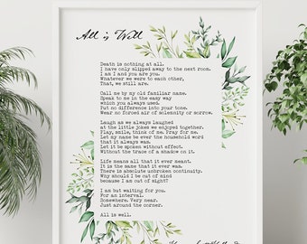 All Is Well Funeral Poem Henry Scott Holland Bereavement Gift Comforting Poem for Grief - Death Is Nothing At All Framed & Unframed Options