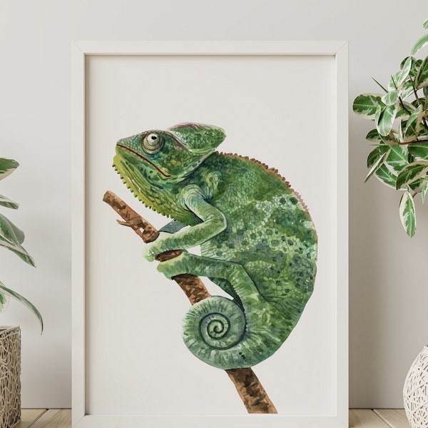 Watercolor Chameleon Poster Print Lizard painting, Animal Wall Art - Reptile wall art - Framed & Unframed Options