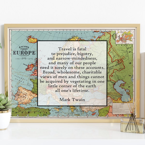 Mark Twain Quote Travel is fatal to prejudice, bigotry, and narrow-mindedness book lover Print home library Art Framed & Unframed Options