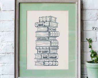 Stack Of Books Illustration print Home Library Wall Art Framed & Unframed Options