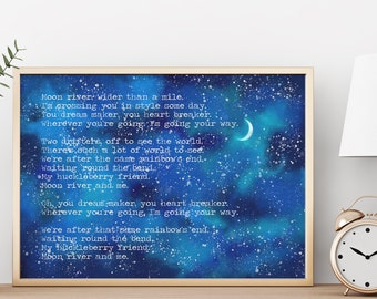 Moon River Print Andy Williams Song Poster Music Print bedroom decor home Lyrics poster Framed & Unframed Options