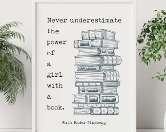 Ruth Bader Ginsburg Quote Print: Feminist Book Stack Illustration