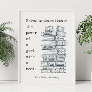 May include: A white framed print with a black and white illustration of a stack of books. The text reads "Never underestimate the power of a girl with a book. Ruth Bader Ginsberg".