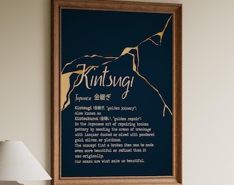 Kintsugi Definition Print: Goldene Japanische Reparaturkunst - Marine & Gold Wandkunst