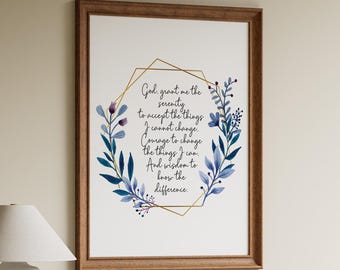 Serenity Prayer Print: Watercolor Floral Wreath, AA Sobriety Gift