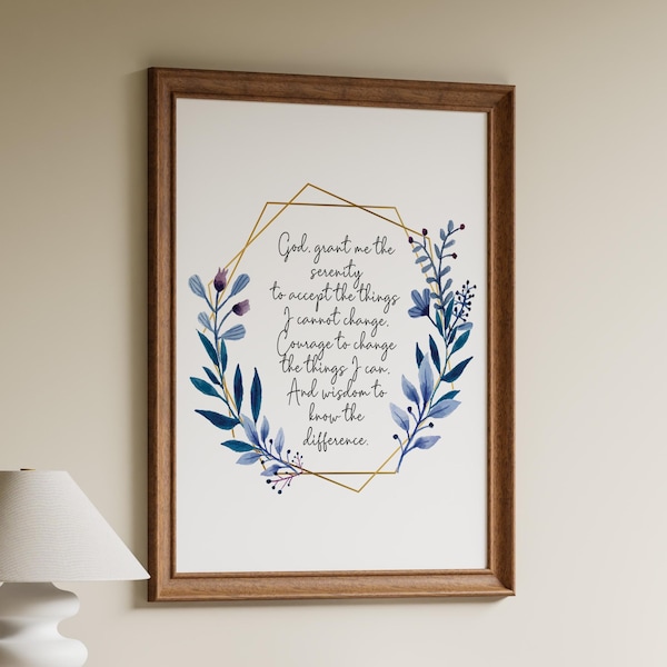 Serenity Prayer Print: Watercolor Floral Wreath, AA Sobriety Gift