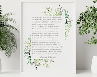 Our Deepest Fear Marianne Williamson Feminist Art Wall Art self respect quote for Bedroom decor or office decor Framed & Unframed Options
