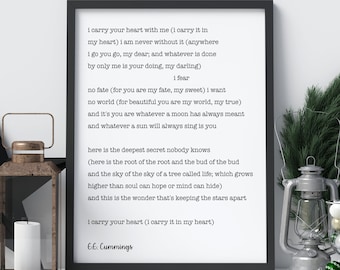 E.E. Cummings FRAMED print I carry your heart (I carry it in my heart) Anniversary gift