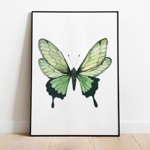 Muurkunst groene vlinder – op de natuur geïnspireerde aquarelprint – decor botanisch insect – modern minimalistisch kunstwerk – ingelijst of ingelijst