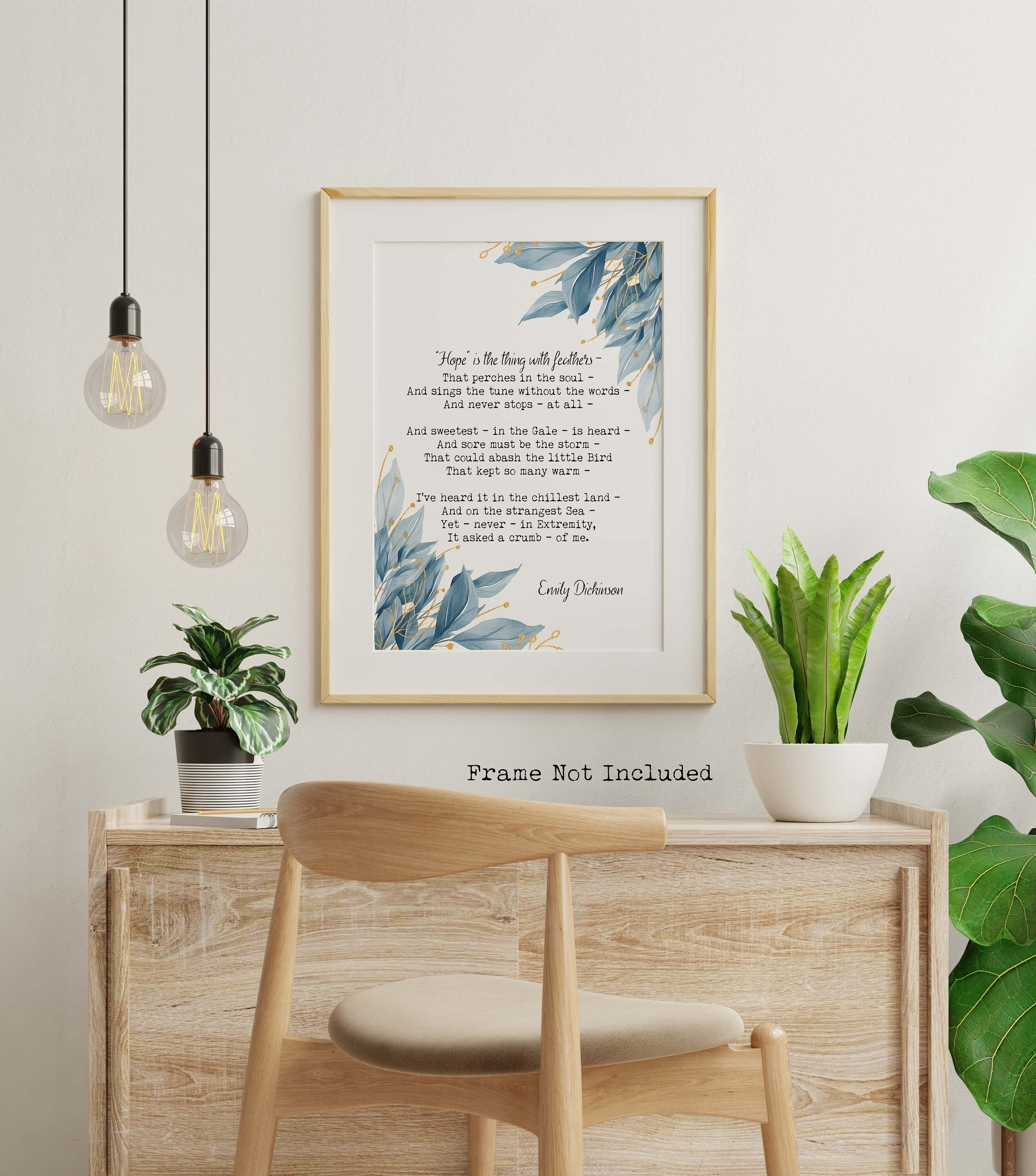 Emily Dickinson Poem Print: Hope is the Thing with Feathers, Blue & Gold Watercolor