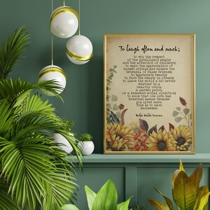 Puede incluir: Una impresi&oacute;n de estilo vintage con una cita de Ralph Waldo Emerson sobre la risa, el respeto y el &eacute;xito. La cita est&aacute; rodeada de un dise&ntilde;o floral con girasoles y otras flores en tonos amarillos, naranjas y rojos.