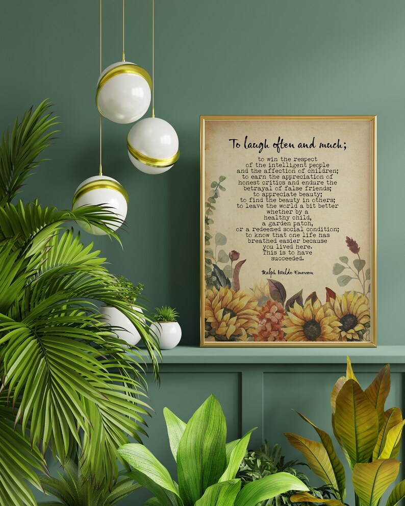 Puede incluir: Una impresi&oacute;n de estilo vintage con una cita de Ralph Waldo Emerson sobre la risa, el respeto y el &eacute;xito. La cita est&aacute; rodeada de un dise&ntilde;o floral con girasoles y otras flores en tonos amarillos, naranjas y rojos.