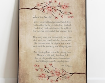 May include: A framed print featuring the poem "When You Are Old" by W. B. Yeats. The text is displayed on a sepia-toned background, with illustrations of cherry blossom branches at the top and bottom. The frame is black.