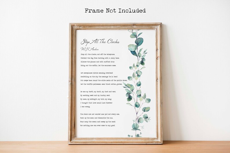 Stop All the Clocks W. H. Auden Funeral Blues Poem Four Etsy