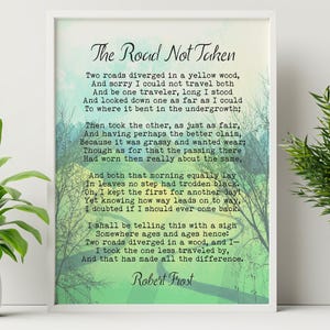 Robert Frost The Road Not Taken Poem Print – Literacka sztuka ścienna, inspirująca poezja Print, oprawiona lub nieoprawiona, prezent dla pisarzy, myślicieli