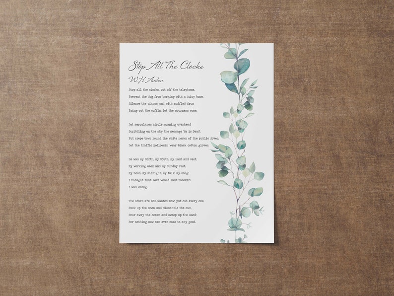 Stop All the Clocks W. H. Auden Funeral Blues Poem Four Etsy