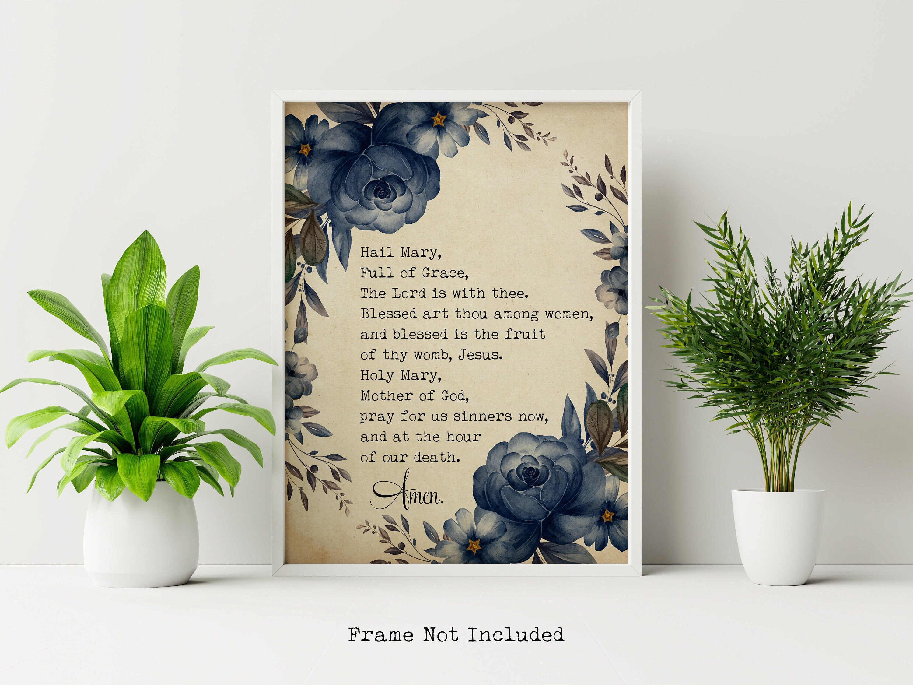Hail Mary Prayer Print: Catholic Floral Art