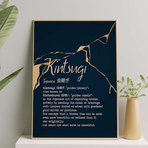 Kintsugi Wall Art, Definizione di Riparazione Dorata Giapponese - Stampa - Poster Kintsukuroi Blu Navy e Oro - Decorazione Estetica Wabi Sabi per la Casa