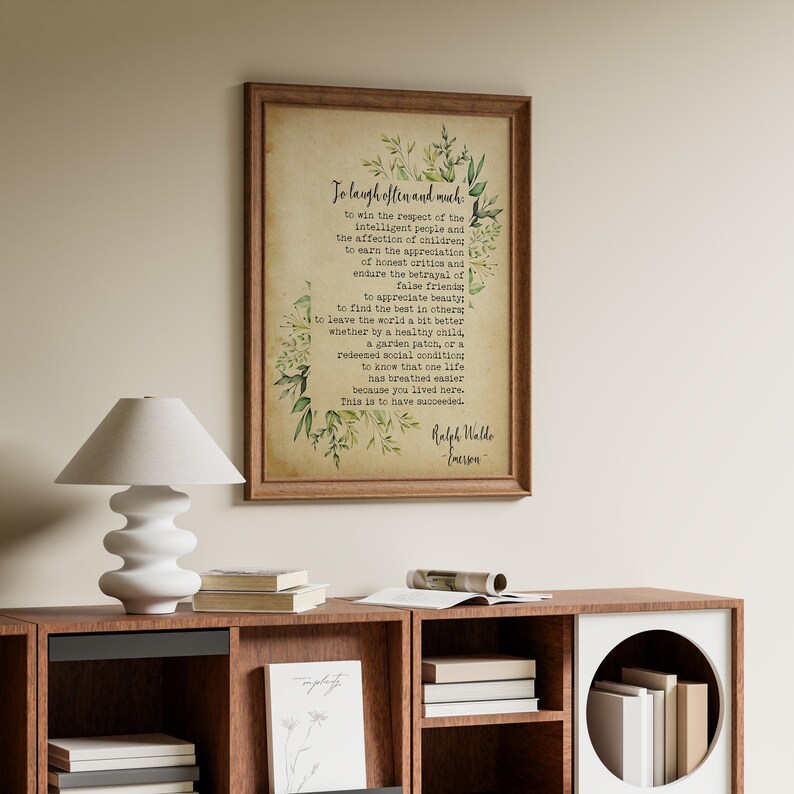 Ralph Waldo Emerson Success Quote Print “To laugh often and much…” Vintage Paper style